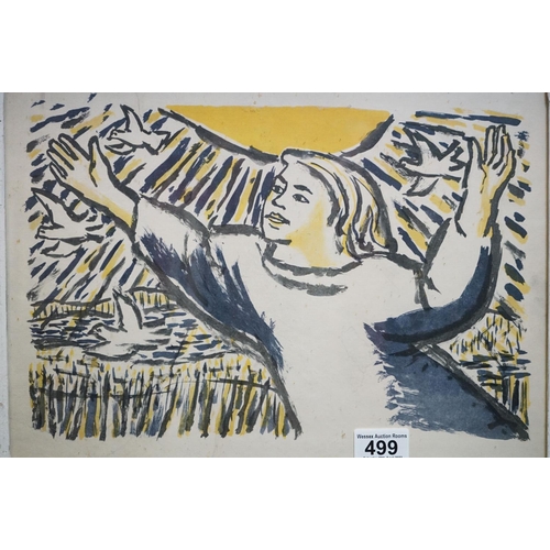 499 - Framed and glazed artwork depicting a girl with the Doves of Peace, approx. 27cm x 37cm