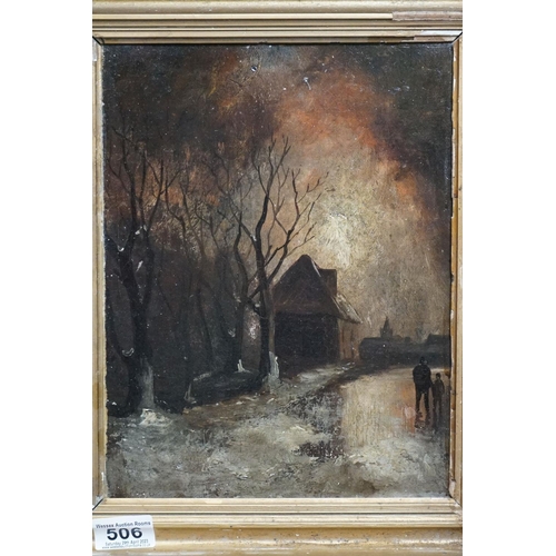 506 - Oil on canvas, a village scene with man and boy strolling beneath moonlight, approx. 29cm x 22cm