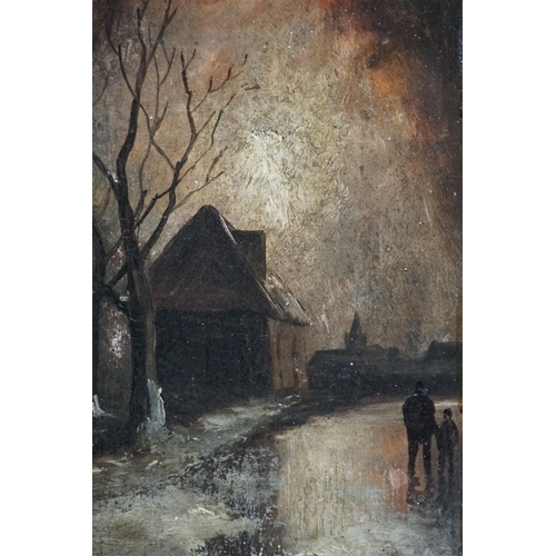 506 - Oil on canvas, a village scene with man and boy strolling beneath moonlight, approx. 29cm x 22cm