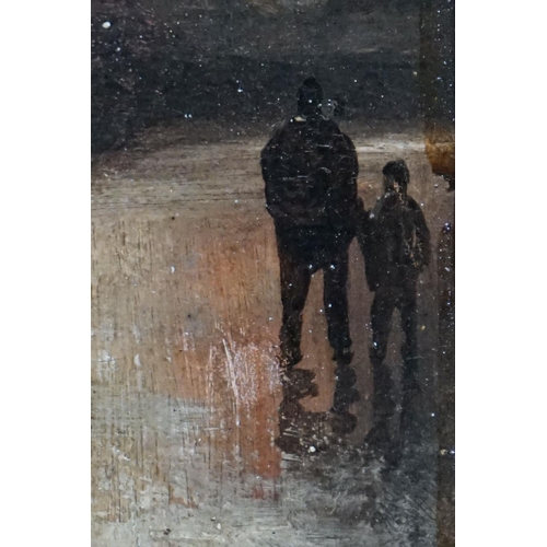 506 - Oil on canvas, a village scene with man and boy strolling beneath moonlight, approx. 29cm x 22cm