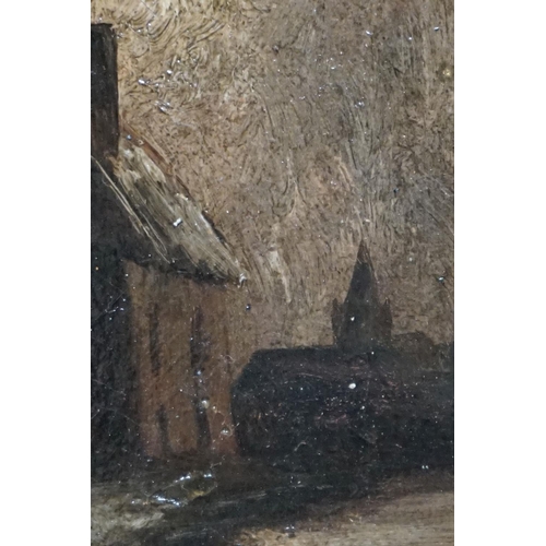 506 - Oil on canvas, a village scene with man and boy strolling beneath moonlight, approx. 29cm x 22cm