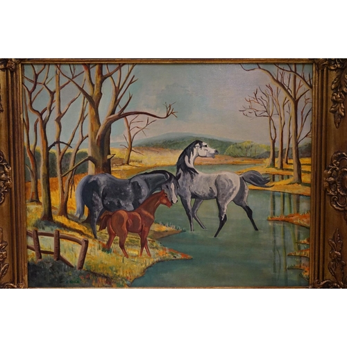 508 - Pair of Oil Paintings on Board of Horses, both signed K Khan, 38cm x 49cm, ornate gilt frames