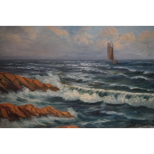 512 - R Johansson oil on canvas seascape, sailboat off a rugged coastline, in gilt swept frame, approx. 34... 