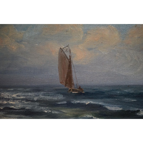 512 - R Johansson oil on canvas seascape, sailboat off a rugged coastline, in gilt swept frame, approx. 34... 