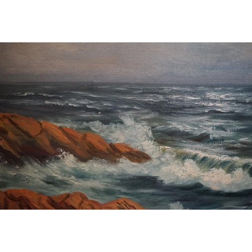 512 - R Johansson oil on canvas seascape, sailboat off a rugged coastline, in gilt swept frame, approx. 34... 