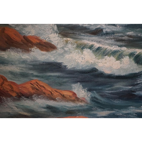 512 - R Johansson oil on canvas seascape, sailboat off a rugged coastline, in gilt swept frame, approx. 34... 