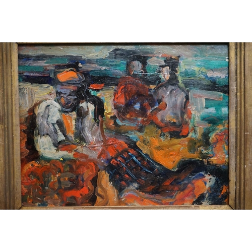 515 - Harry Moberg ( Swedish 1927-2018 ) a framed oil painting of figures relaxing on a beach, approx. 21.... 