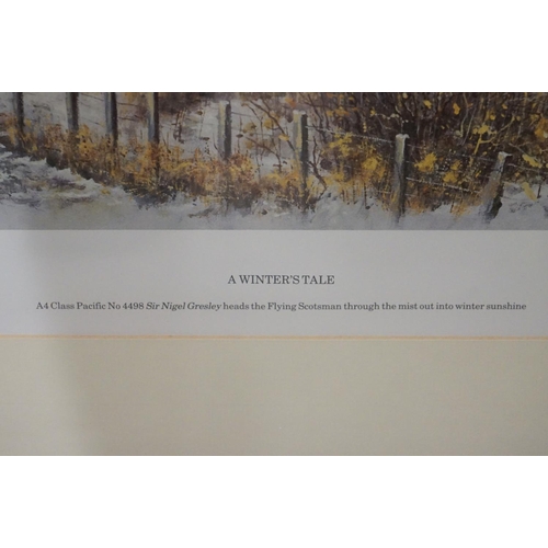 529 - Three Signed Steam Train / Locomotive Prints including Chris Woods ' A Winter's Tale ', 33cm x 49cm,... 