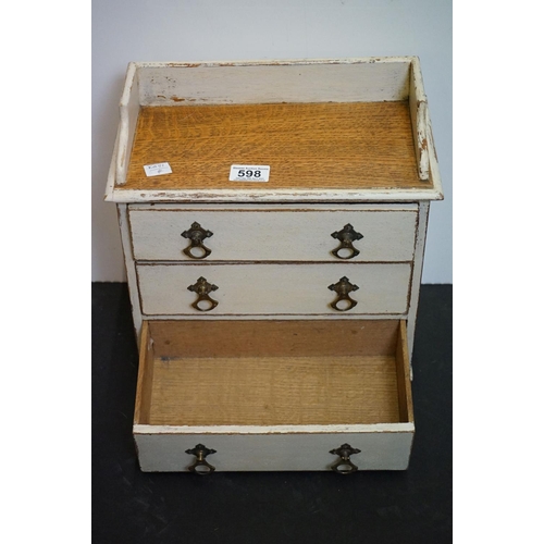 598 - Victorian oak tabletop painted three drawer chest, 32cm wide x 35cm high