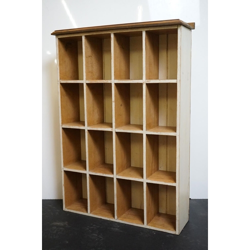 629 - Part painted pine tabletop pigeon hole shelf of 16 compartments, 51cm wide x 72cm high