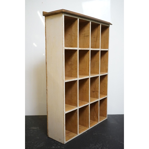 629 - Part painted pine tabletop pigeon hole shelf of 16 compartments, 51cm wide x 72cm high