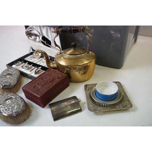 449 - Mixed metal ware including Brass Spirit Kettle on Stand, Silver Plated items, Brass items, Two Silve... 