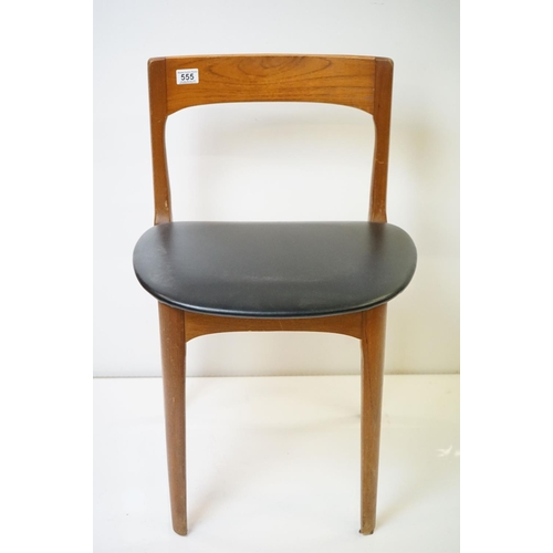 555 - Set of Four Mid century Retro Teak Dining Chairs with black vinyl seats