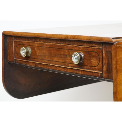 588 - Regency Mahogany Drop Flap Breakfast Table, two drawers to either end,  raised on quadruped swept su... 