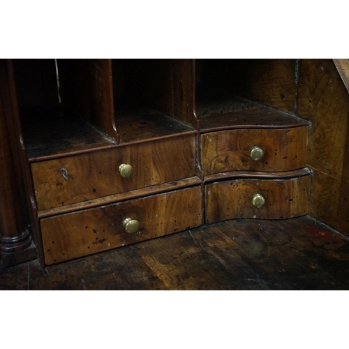 536 - George II / III Walnut Bureau, the drop front opening to a fitted interior over four long drawers ra... 