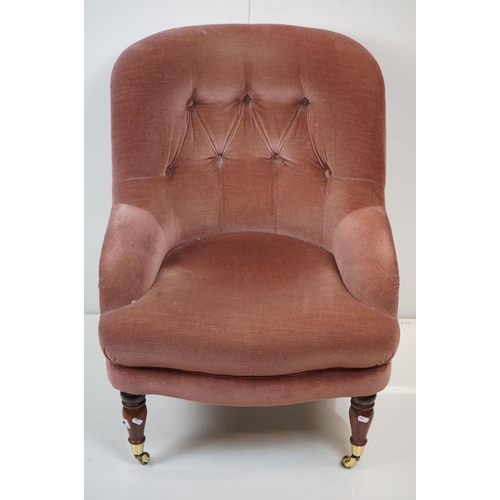 547 - Pink Upholstered Button Back Armchair in the 19th century manner, 64cm wide x 86cm high