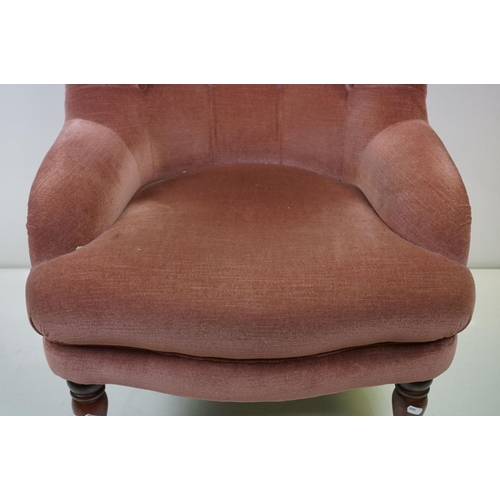 547 - Pink Upholstered Button Back Armchair in the 19th century manner, 64cm wide x 86cm high