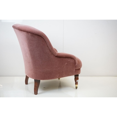 547 - Pink Upholstered Button Back Armchair in the 19th century manner, 64cm wide x 86cm high