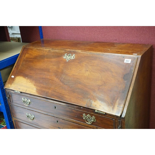 551 - George III Mahogany Bureau, the drop front opening to a fitted interior, over four long drawers, rai... 