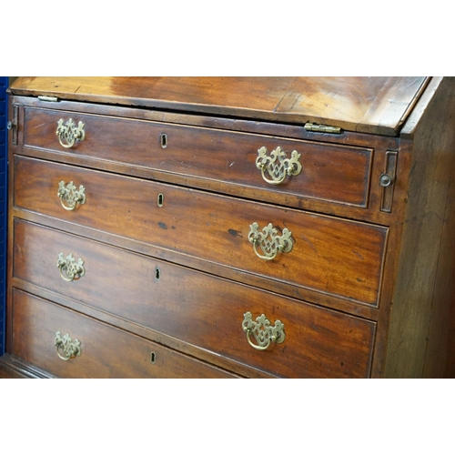 551 - George III Mahogany Bureau, the drop front opening to a fitted interior, over four long drawers, rai... 