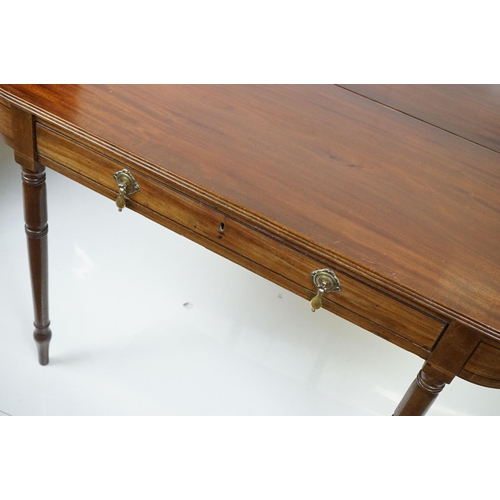 570 - 19th century Mahogany Fold-over Tea Table with single drawer, raised on turned tapering legs, 106cm ... 