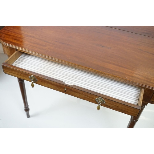 570 - 19th century Mahogany Fold-over Tea Table with single drawer, raised on turned tapering legs, 106cm ... 