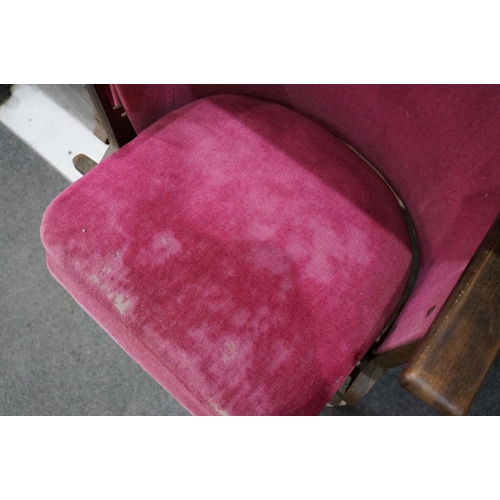 630 - Early 20th century Set of Three Interlocking Cinema Seats, pink upholstery, iron frame and wooden ar... 