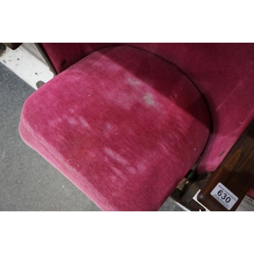 630 - Early 20th century Set of Three Interlocking Cinema Seats, pink upholstery, iron frame and wooden ar... 