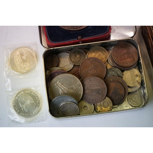 326 - A box of mixed collectables to include postcards, pens, pre decimal British coins to include silver ... 