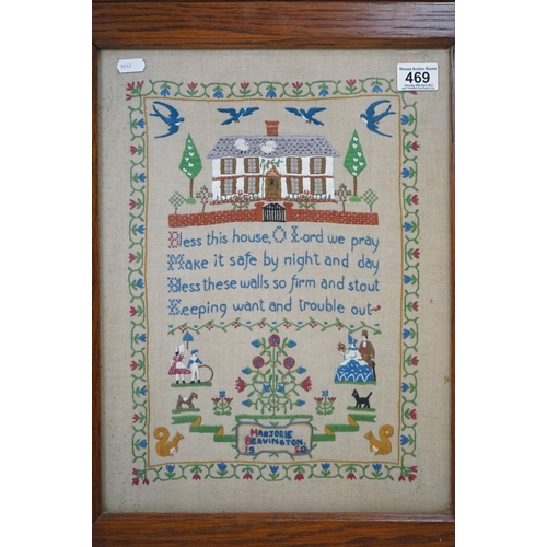 469 - Mid 20th century Needlework Sampler by Marjorie Beavington dated 1952, 43cm x 33cm together with a F... 