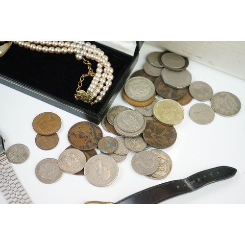 293 - A small collection of costume jewellery together with a selection of coins and watches.