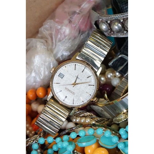 293 - A small collection of costume jewellery together with a selection of coins and watches.