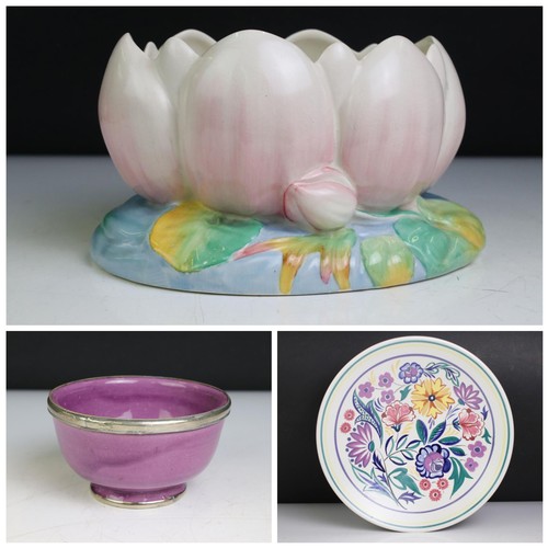 91 - Clarice Cliff Moulded Water Lily Bowl, 21cm long together with a Poole Pottery Shallow Bowl decorate... 