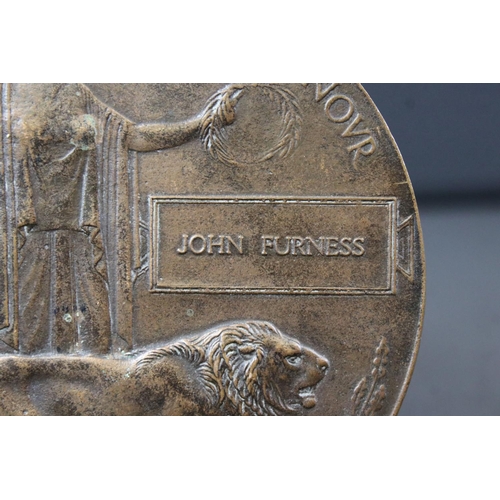 113 - A British World War One Death Plaque / Death Penny Named To JOHN FURNESS.