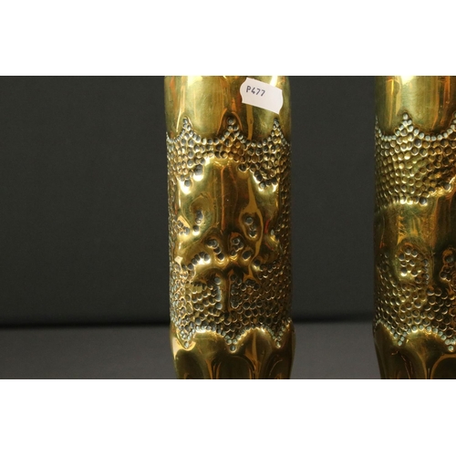 123 - A Pair Of World War One Trench Art Vases Made From Two Brass Artillery Shell Cases, Both Shell Cases... 