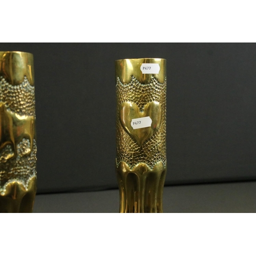 123 - A Pair Of World War One Trench Art Vases Made From Two Brass Artillery Shell Cases, Both Shell Cases... 