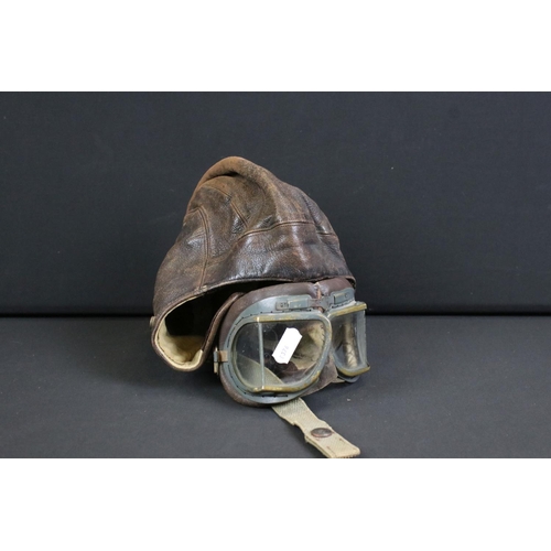 128 - A British World War Two Era Royal Air Force / RAF Leather Flying Helmet And Goggles.