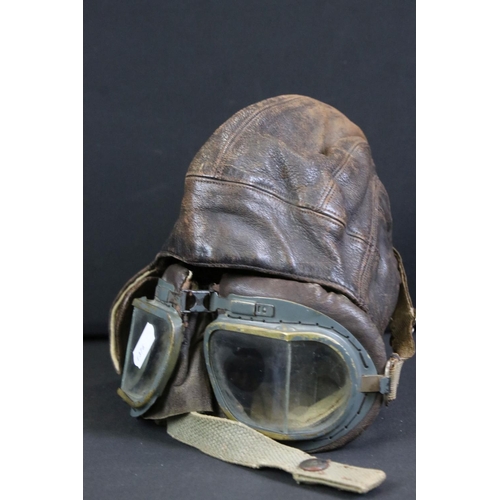 128 - A British World War Two Era Royal Air Force / RAF Leather Flying Helmet And Goggles.