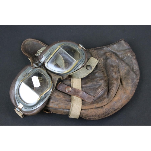 128 - A British World War Two Era Royal Air Force / RAF Leather Flying Helmet And Goggles.