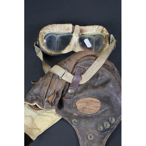 128 - A British World War Two Era Royal Air Force / RAF Leather Flying Helmet And Goggles.