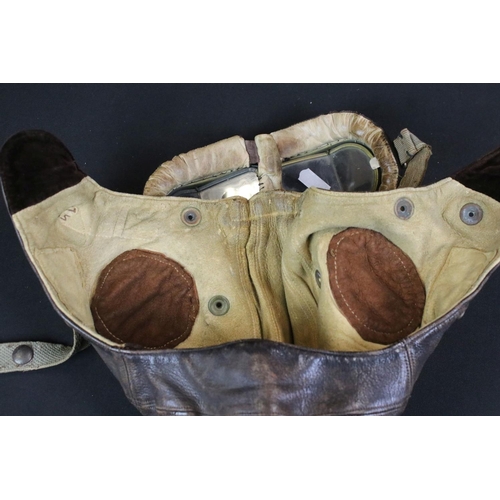 128 - A British World War Two Era Royal Air Force / RAF Leather Flying Helmet And Goggles.