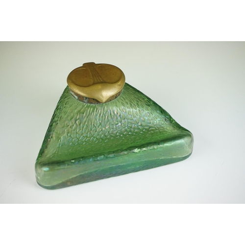 1 - In the manner of Loetz, Art Nouveau Iridescent Glass Inkwell of triangular form with pen stand (lid ... 