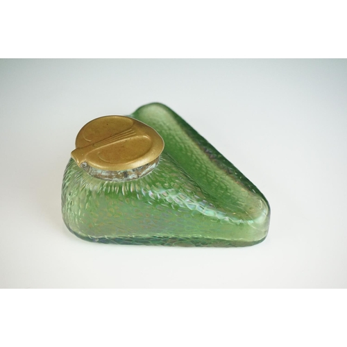 1 - In the manner of Loetz, Art Nouveau Iridescent Glass Inkwell of triangular form with pen stand (lid ... 