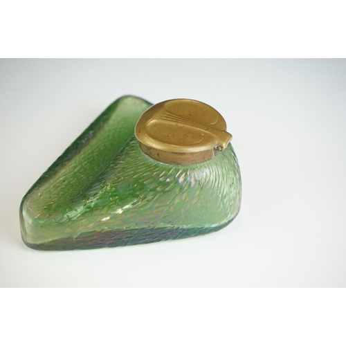 1 - In the manner of Loetz, Art Nouveau Iridescent Glass Inkwell of triangular form with pen stand (lid ... 