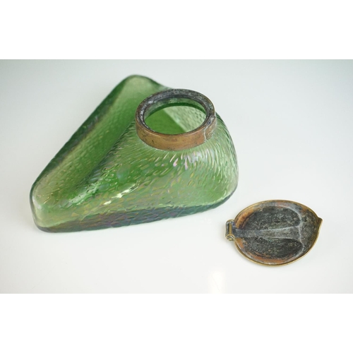 1 - In the manner of Loetz, Art Nouveau Iridescent Glass Inkwell of triangular form with pen stand (lid ... 