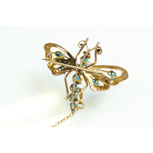 25 - Early 20th century turquoise and pearl 9ct yellow gold dragonfly brooch, the torso set with six grad... 