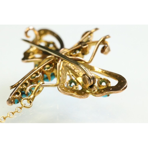 25 - Early 20th century turquoise and pearl 9ct yellow gold dragonfly brooch, the torso set with six grad... 
