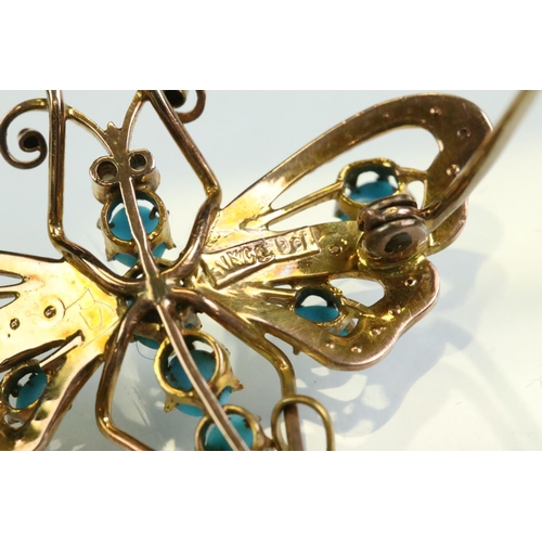 25 - Early 20th century turquoise and pearl 9ct yellow gold dragonfly brooch, the torso set with six grad... 