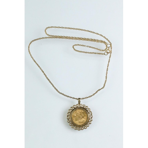 27 - Half sovereign coin pendant necklace, Victoria dated 1899, 9ct gold mount and 9ct gold rope twist ch... 