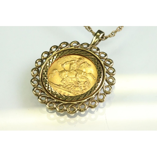 27 - Half sovereign coin pendant necklace, Victoria dated 1899, 9ct gold mount and 9ct gold rope twist ch... 